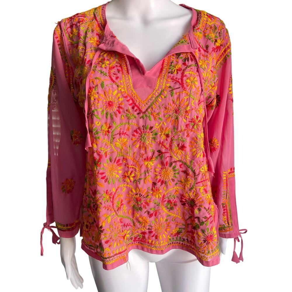 Embroidered Top Bohemian Tunic Flowers Vneck Hippy Sheer Pink Size Small